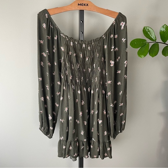 Lovely Melody Off Shoulder Floral Smocked Long Sleeve Green Mini Dress - Picture 3 of 11